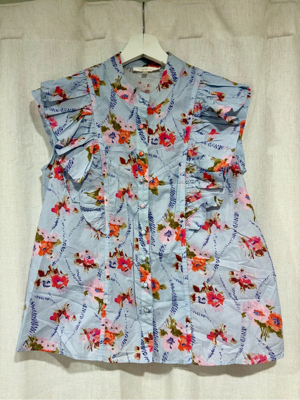 LoveShackFancy Light Blue Floral Ruffle Button Front Top